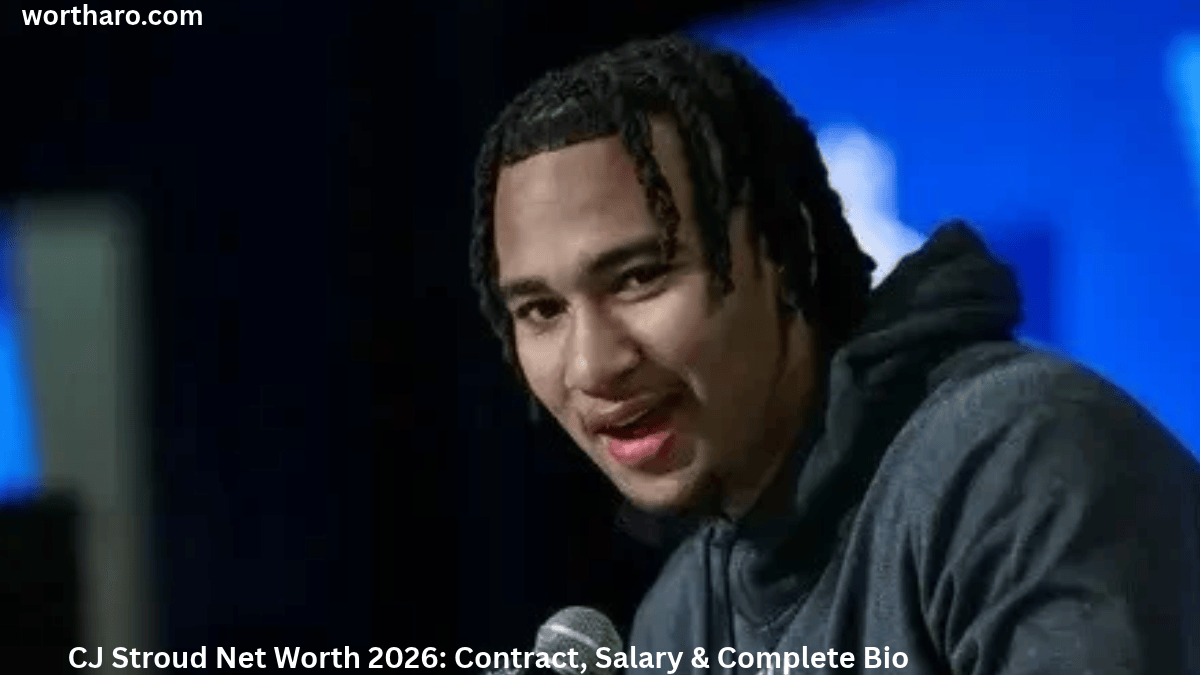 CJ Stroud Net Worth 2026, Houston Texans quarterback C.J. Stroud speaking during an event
