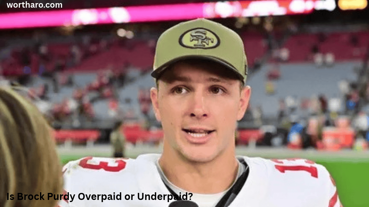 Brock Purdy in a San Francisco 49ers uniform, exploring whether he is overpaid or underpaid