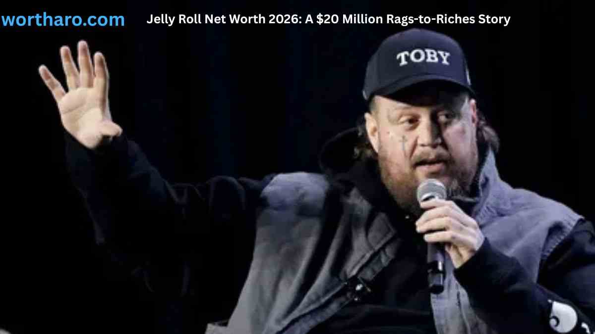 Jelly Roll performing on stage while discussing his $20 million net worth and rags-to-riches story