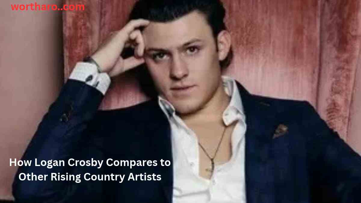 Logan Crosby in a dark suit while comparing his career with other rising country artists