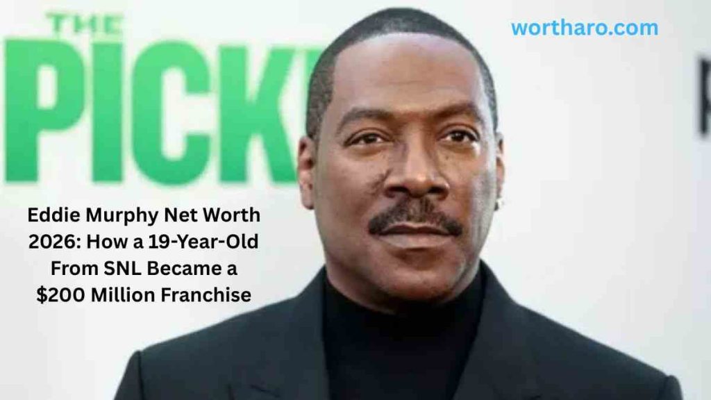 Eddie Murphy in a black suit featured in an Eddie Murphy Net Worth 2026 article about his rise from SNL to Hollywood success.