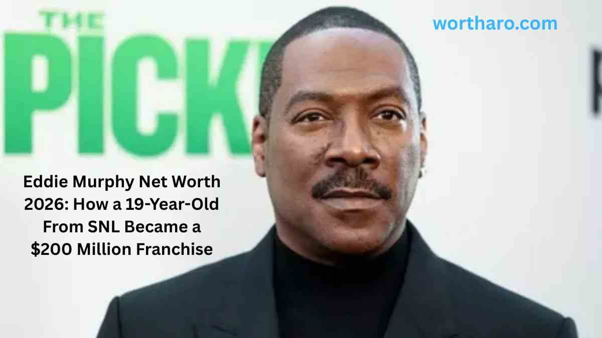 Eddie Murphy in a black suit featured in an Eddie Murphy Net Worth 2026 article about his rise from SNL to Hollywood success.