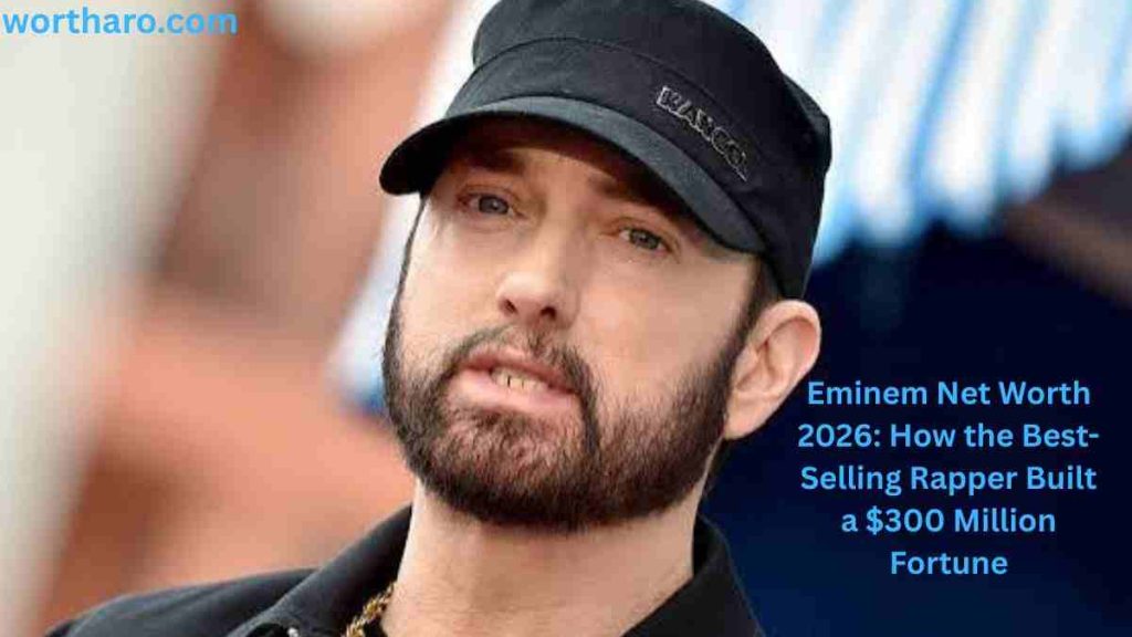Eminem Net Worth 2026 featuring the famous rapper wearing a black cap and jacket.