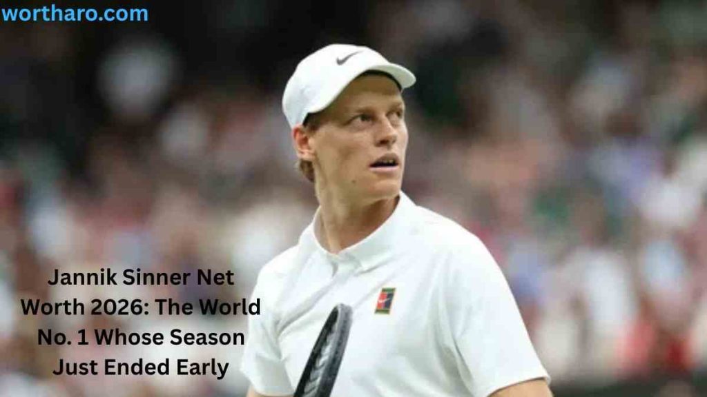 Jannik Sinner wearing a white outfit and Nike cap during a tennis match, featured in Jannik Sinner Net Worth 2026.