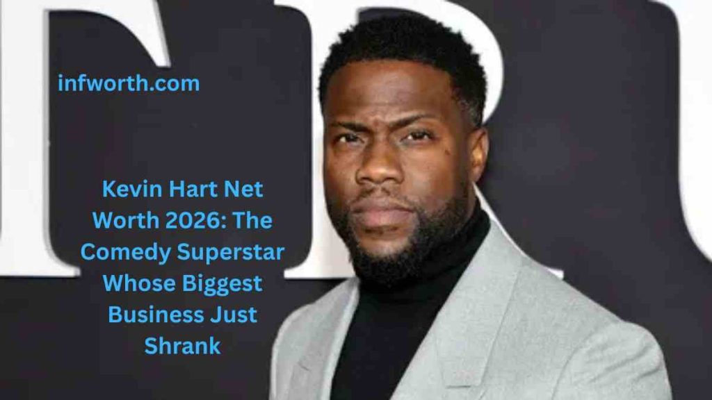 Kevin Hart Net Worth 2026 featuring the comedian in a gray suit at a promotional event.